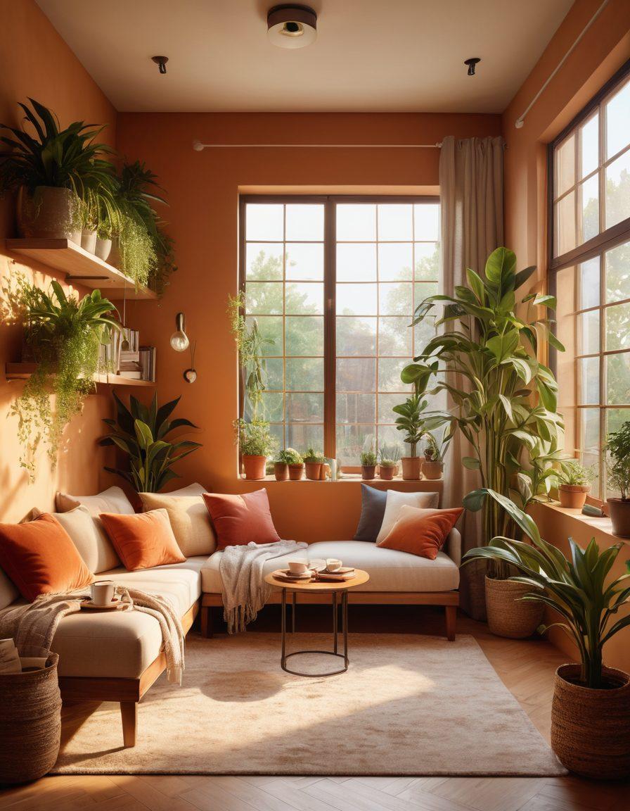 A beautifully arranged cozy apartment with warm lighting, plush furniture, and plenty of indoor plants. There should be a window with sheer curtains letting in soft sunlight, a small reading nook with books and a coffee cup, and decorative elements like pillows and wall art that exude comfort. Emphasize a welcoming atmosphere that inspires apartment hunters to create their own oasis. super-realistic. warm colors. soft focus.