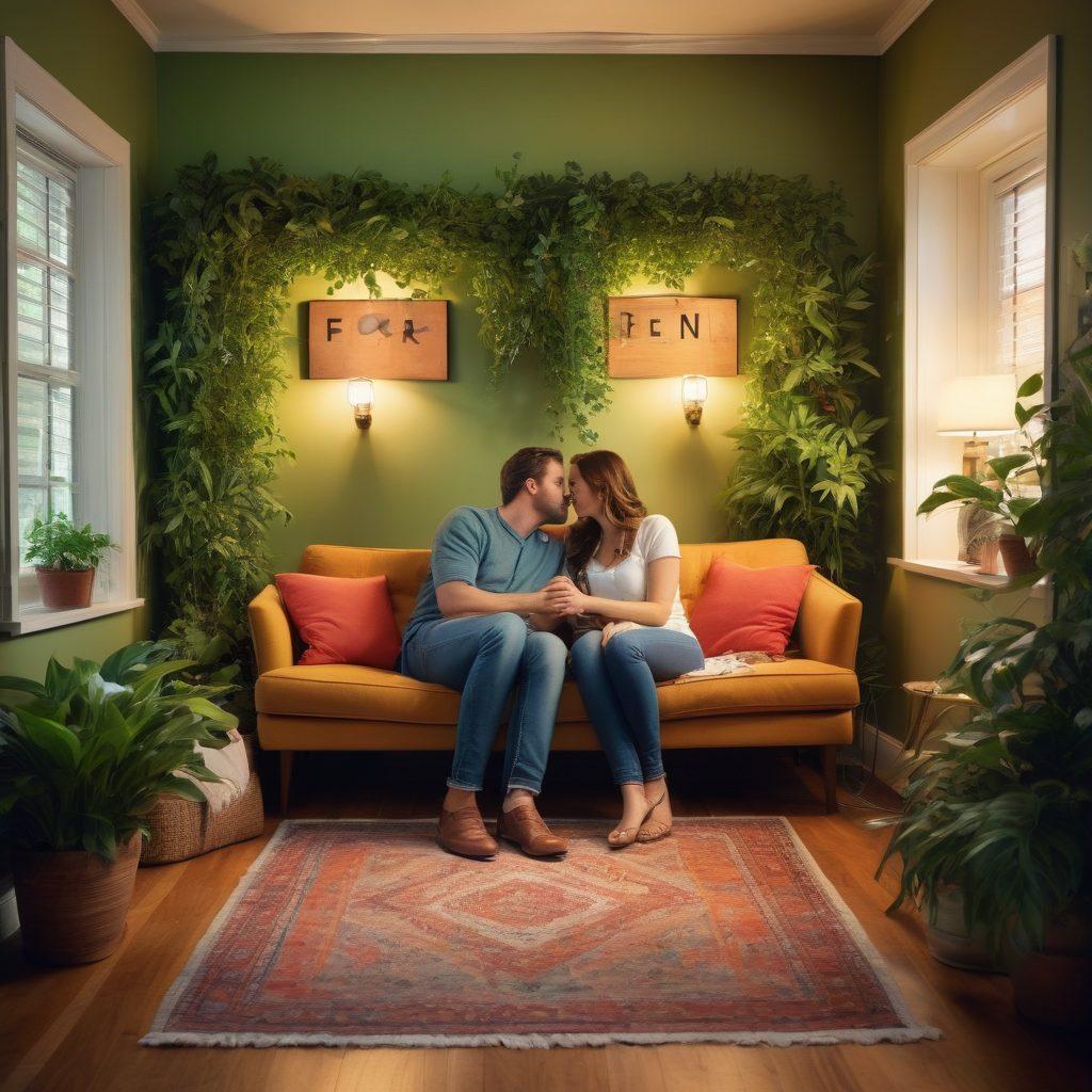 A warm and inviting scene of a couple in love, gazing into each other's eyes in a cozy apartment setting filled with plants and soft lighting. The background shows a 'For Rent' sign being replaced with a 'Leased' sign, symbolizing their journey from romance to home. Include small personal touches, like framed photos and a pet, to convey affection. super-realistic. vibrant colors. intimate atmosphere.
